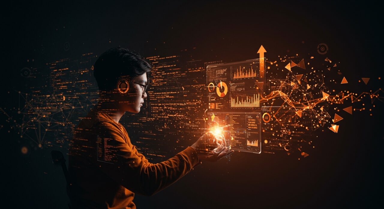 Ingeniero de software usando inteligencia artificial para codificar rápidamente mientras gestiona la complejidad creciente en equipos tecnológicos.