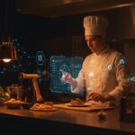 Chef interactuando con inteligencia artificial en cocina sostenible para reducir desperdicio y mejorar platos con tecnología aplicada.