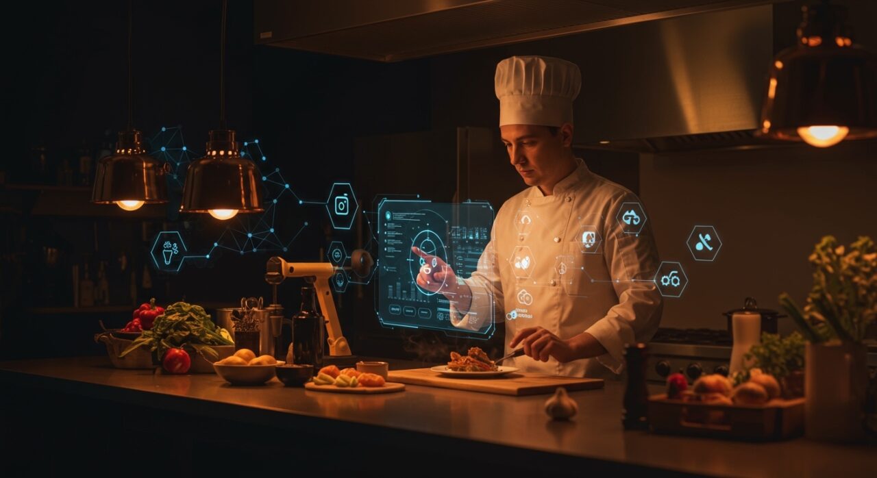 Chef interactuando con inteligencia artificial en cocina sostenible para reducir desperdicio y mejorar platos con tecnología aplicada.