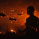 Drones militares autónomos controlados por inteligencia artificial en un campo de batalla, simbolizando el algoritmo Terminator y la automatización en la guerra.