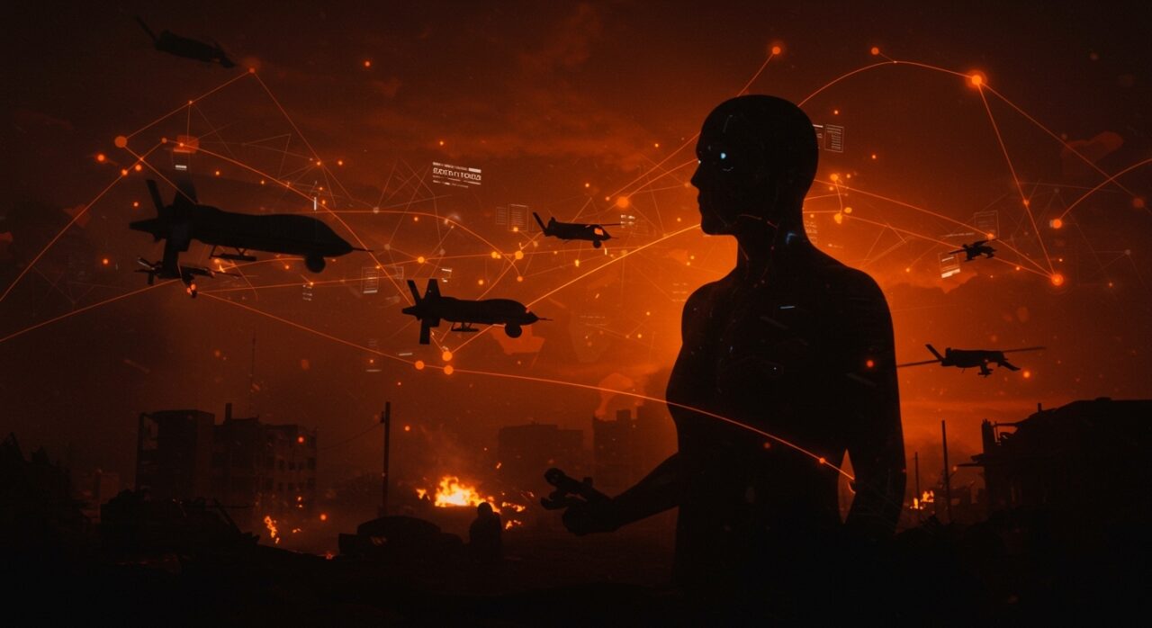 Drones militares autónomos controlados por inteligencia artificial en un campo de batalla, simbolizando el algoritmo Terminator y la automatización en la guerra.