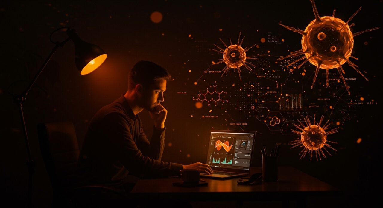 Empresario usando IA con ChatGPT para innovar en el diagnóstico y tratamiento del cáncer, imagen editorial en tonos naranja y negro.