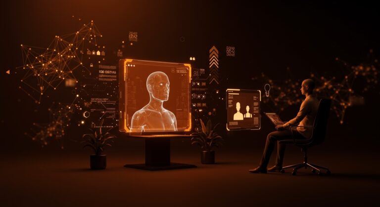 Avatar de IA entrevistando candidato en proceso automatizado de reclutamiento con tecnología avanzada para startups de recursos humanos.