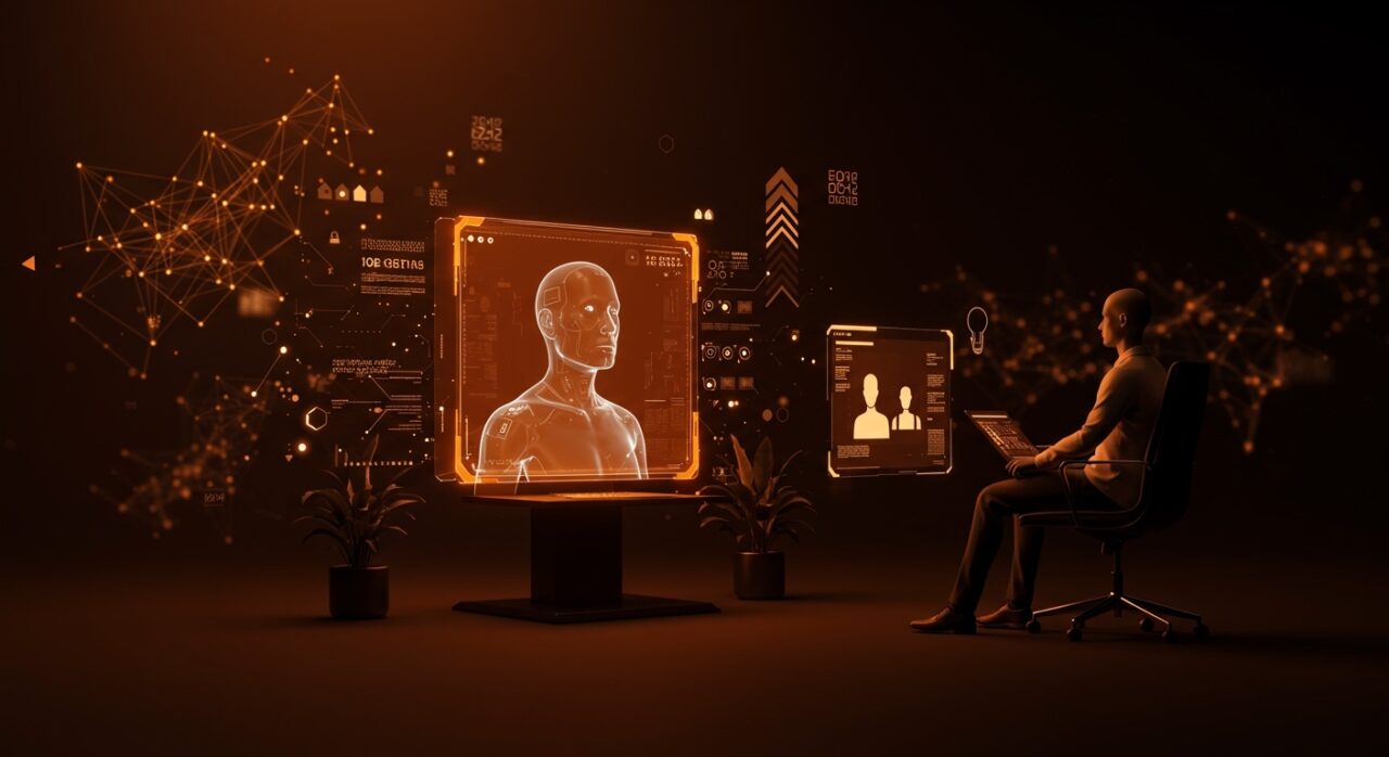 Avatar de IA entrevistando candidato en proceso automatizado de reclutamiento con tecnología avanzada para startups de recursos humanos.