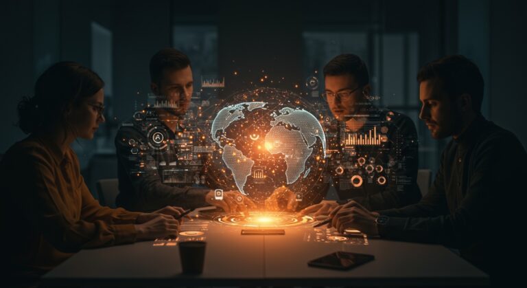 Equipo de startups tecnológicas colaborando con modelos 3D y fusión sensorial, representando la inteligencia artificial física aplicada al mundo real.