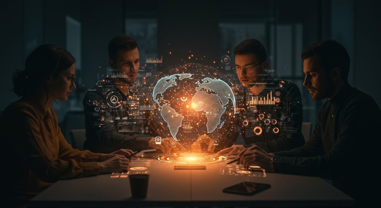 Equipo de startups tecnológicas colaborando con modelos 3D y fusión sensorial, representando la inteligencia artificial física aplicada al mundo real.