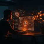 Fundamentos de ciencias de la computación y herramientas de IA visualizados en un fundador tech en un entorno futurista con luz volumétrica naranja y negro.