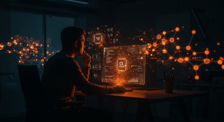 Fundamentos de ciencias de la computación y herramientas de IA visualizados en un fundador tech en un entorno futurista con luz volumétrica naranja y negro.
