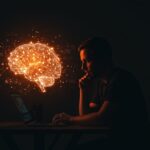 Fundador tech analizando un cerebro de IA generativa iluminado, simbolizando ética, sesgos y retos en innovación responsable en LATAM.