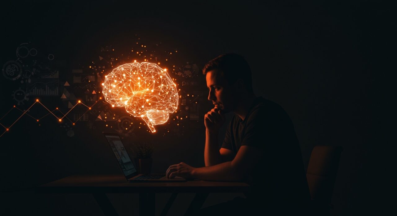 Fundador tech analizando un cerebro de IA generativa iluminado, simbolizando ética, sesgos y retos en innovación responsable en LATAM.