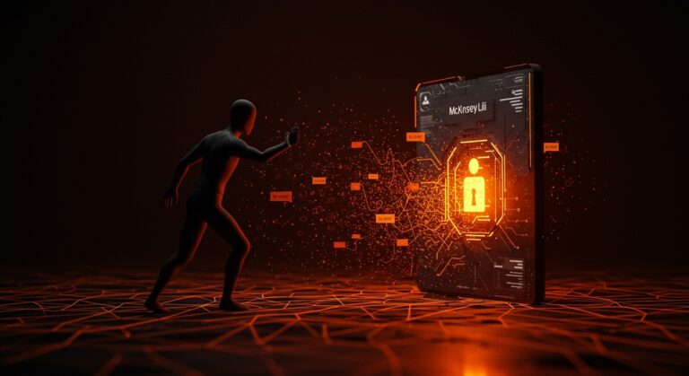 Agente autónomo de IA hackeando la plataforma McKinsey Lilli, mostrando vulnerabilidad de seguridad y exposición masiva de datos empresariales.