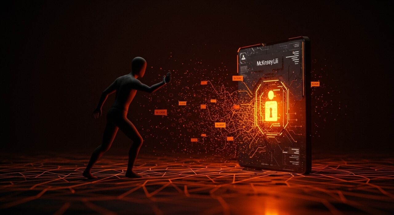 Agente autónomo de IA hackeando la plataforma McKinsey Lilli, mostrando vulnerabilidad de seguridad y exposición masiva de datos empresariales.