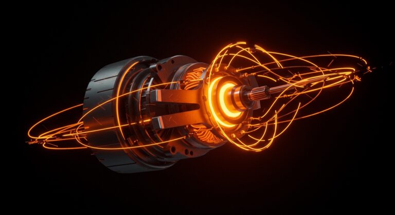 Innovación en imanes sin tierras raras para vehículos eléctricos impulsada por inteligencia artificial con paleta naranja y negra.