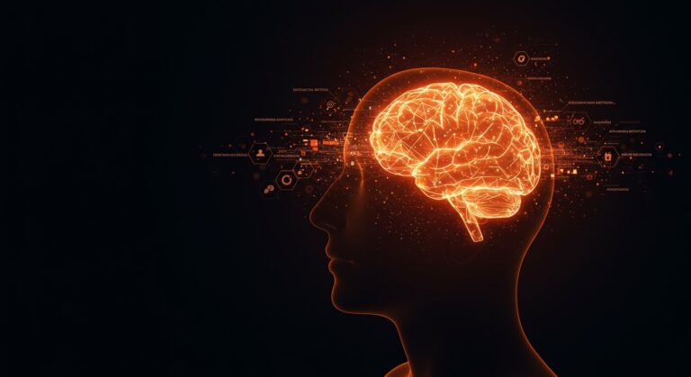 Interfaz cerebro-IA mostrando decodificación de pensamiento en tiempo real para tecnología médica avanzada.