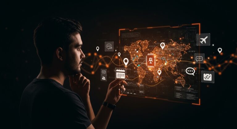 Planificación de viajes para Semana Santa optimizada mediante inteligencia artificial y automatización, con interfaces futuristas y tecnología avanzada.