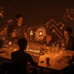 Inteligencia artificial personalizada para startups tecnológicas en LATAM, mostrando founders colaborando con datos y redes neuronales en un entorno moderno.