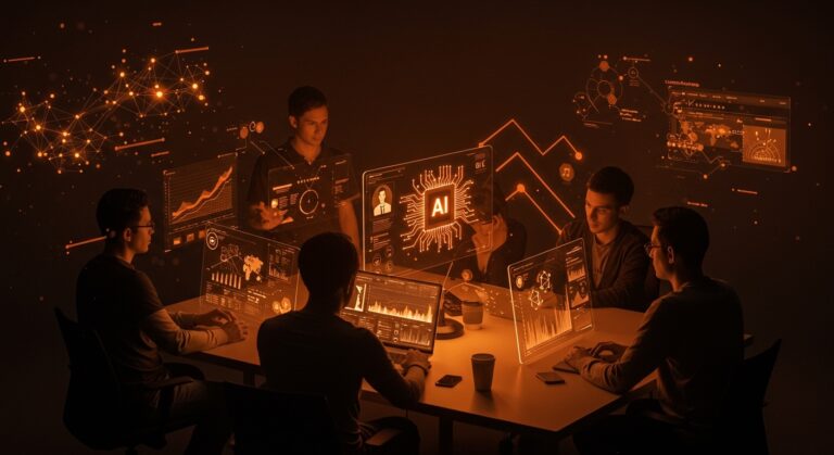 Inteligencia artificial personalizada para startups tecnológicas en LATAM, mostrando founders colaborando con datos y redes neuronales en un entorno moderno.