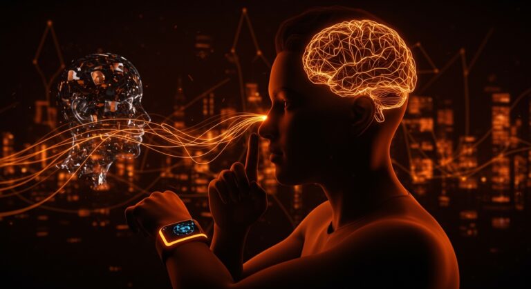 Dispositivo wearable de IA portátil sobresaliendo mientras un susurro digital representa la manipulación silenciosa en decisiones diarias.