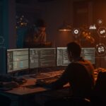 Productividad con IA en equipos de ingeniería de software mostrando un equipo colaborando con inteligencia artificial y automatización en un ambiente tecnológico moderno.