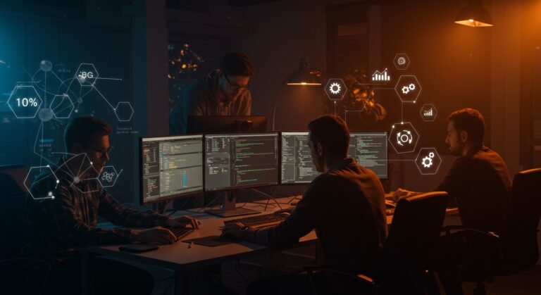 Productividad con IA en equipos de ingeniería de software mostrando un equipo colaborando con inteligencia artificial y automatización en un ambiente tecnológico moderno.