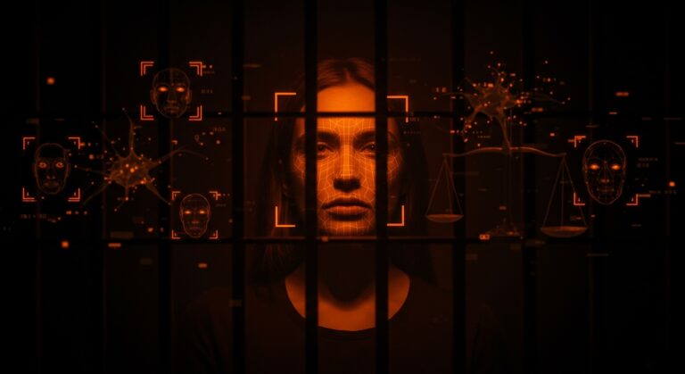 Error de reconocimiento facial IA causando encarcelamiento erróneo, ilustrando ética y sesgos en inteligencia artificial aplicada a la justicia.