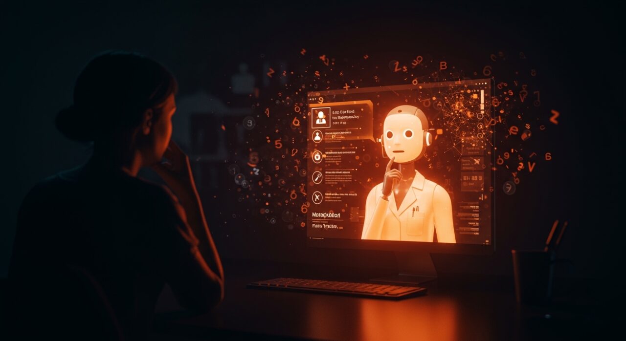 Chatbot de salud interactuando con información médica falsa en tono clínico, ilustrando riesgos de inteligencia artificial en medicina para healthtech.