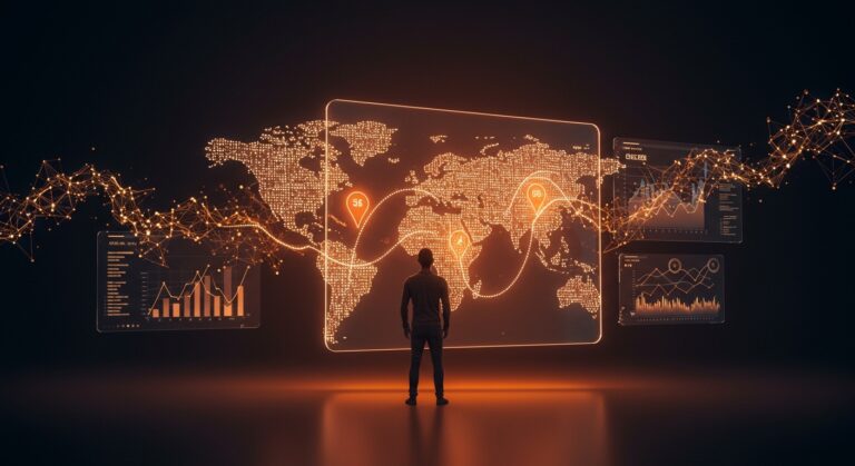 Fundador frente a un mapa digital con geo SEO y citas en IA, mostrando visibilidad y automatización SEO para 2026.