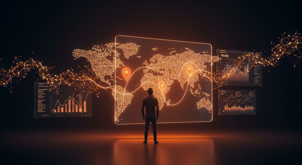 Fundador frente a un mapa digital con geo SEO y citas en IA, mostrando visibilidad y automatización SEO para 2026.