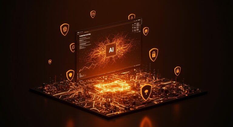 Inteligencia artificial de Tenzai destacada en ciberseguridad y hacking CTF global, simbolizada con redes neuronales y escudos digitales en tonos naranja y negro.