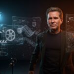 Recreación digital de Val Kilmer con inteligencia artificial en un entorno cinematográfico futurista resaltando ética tecnológica en actores digitales.