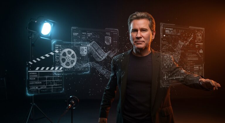 Recreación digital de Val Kilmer con inteligencia artificial en un entorno cinematográfico futurista resaltando ética tecnológica en actores digitales.