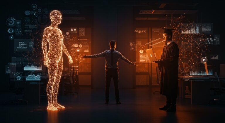 Debate visual entre inteligencia artificial y talento humano en equipos tech, destacando la elección en startups para 2026 entre IA y graduados.