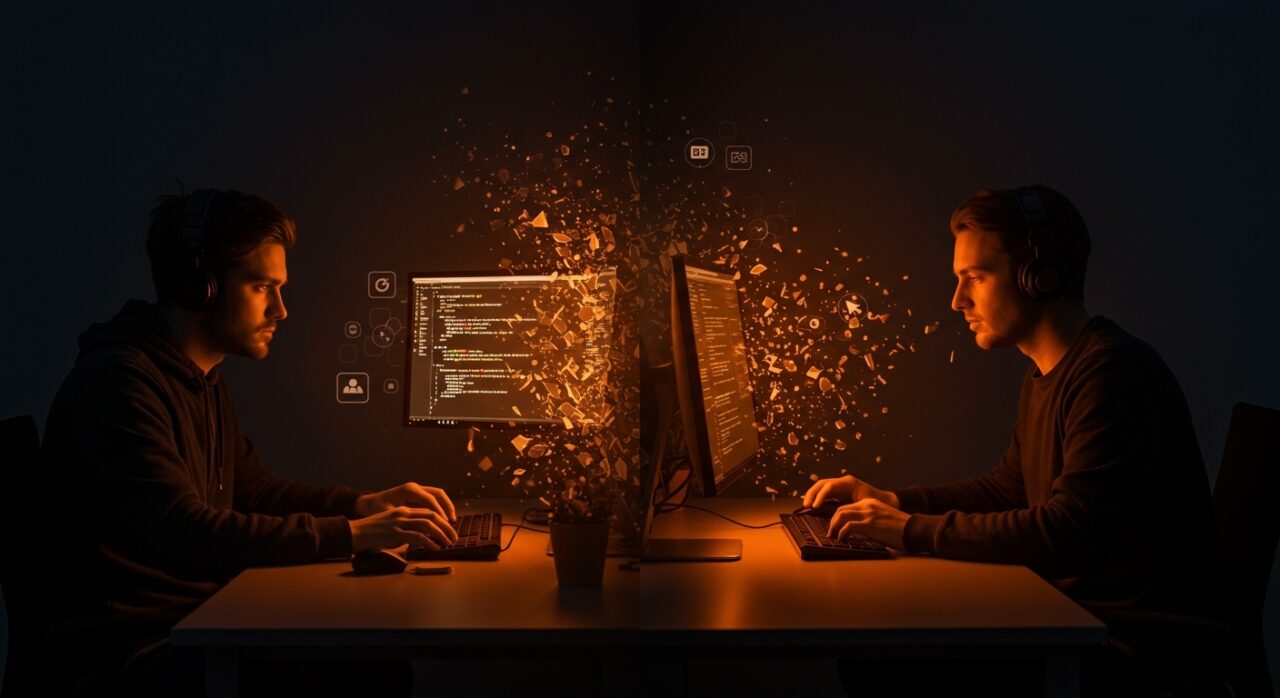 Desarrolladores divididos entre código artesanal y programación asistida por IA, ilustrando la brecha en equipos de startups tecnológicas.