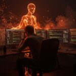 Desarrollador agotado frente a pantallas con código y una IA luminosa, representando productividad y burnout en el uso de inteligencia artificial.