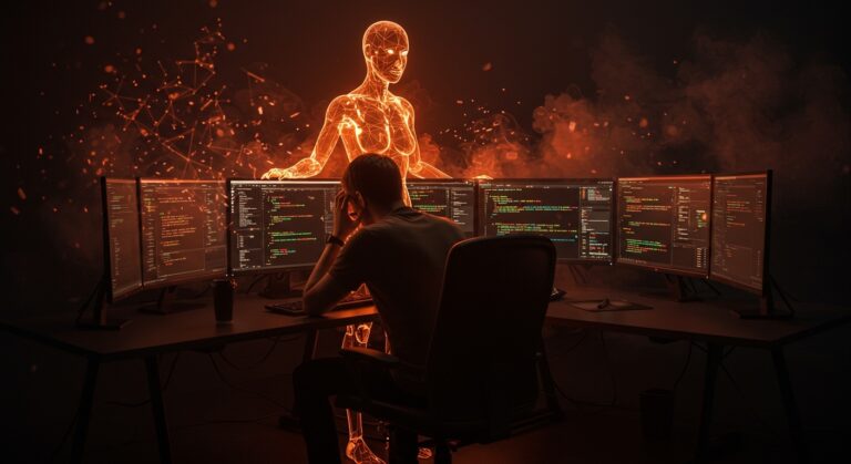 Desarrollador agotado frente a pantallas con código y una IA luminosa, representando productividad y burnout en el uso de inteligencia artificial.