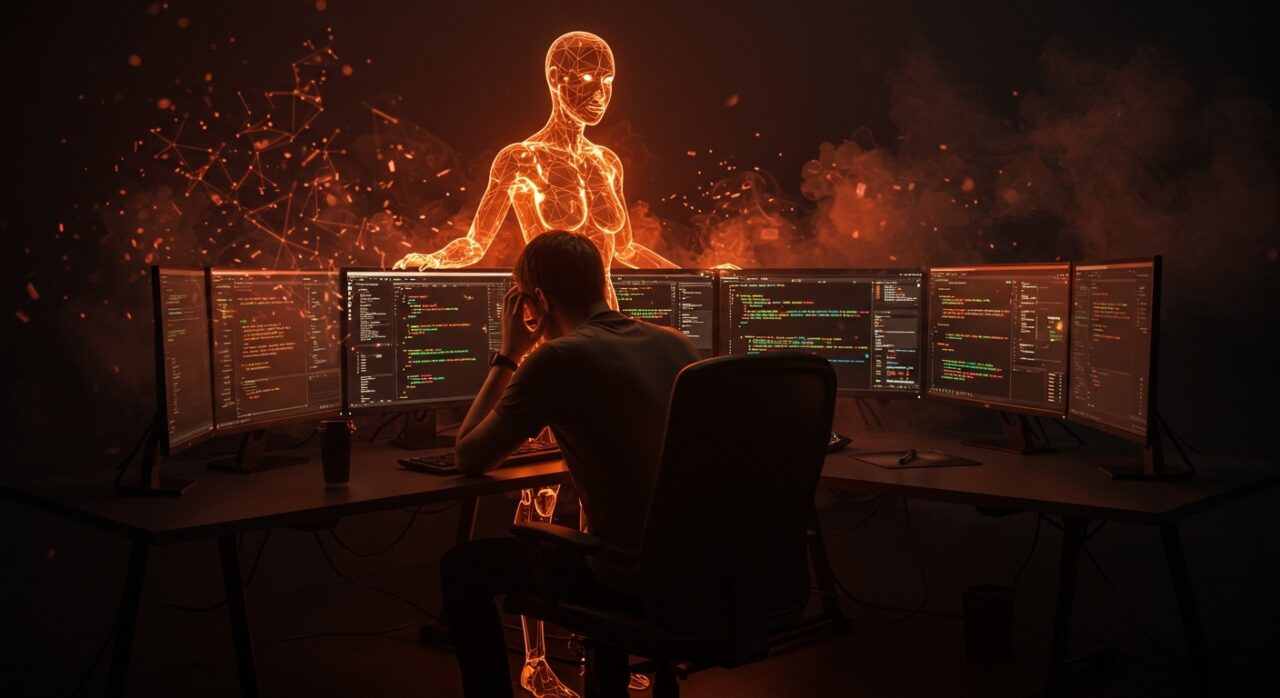 Desarrollador agotado frente a pantallas con código y una IA luminosa, representando productividad y burnout en el uso de inteligencia artificial.