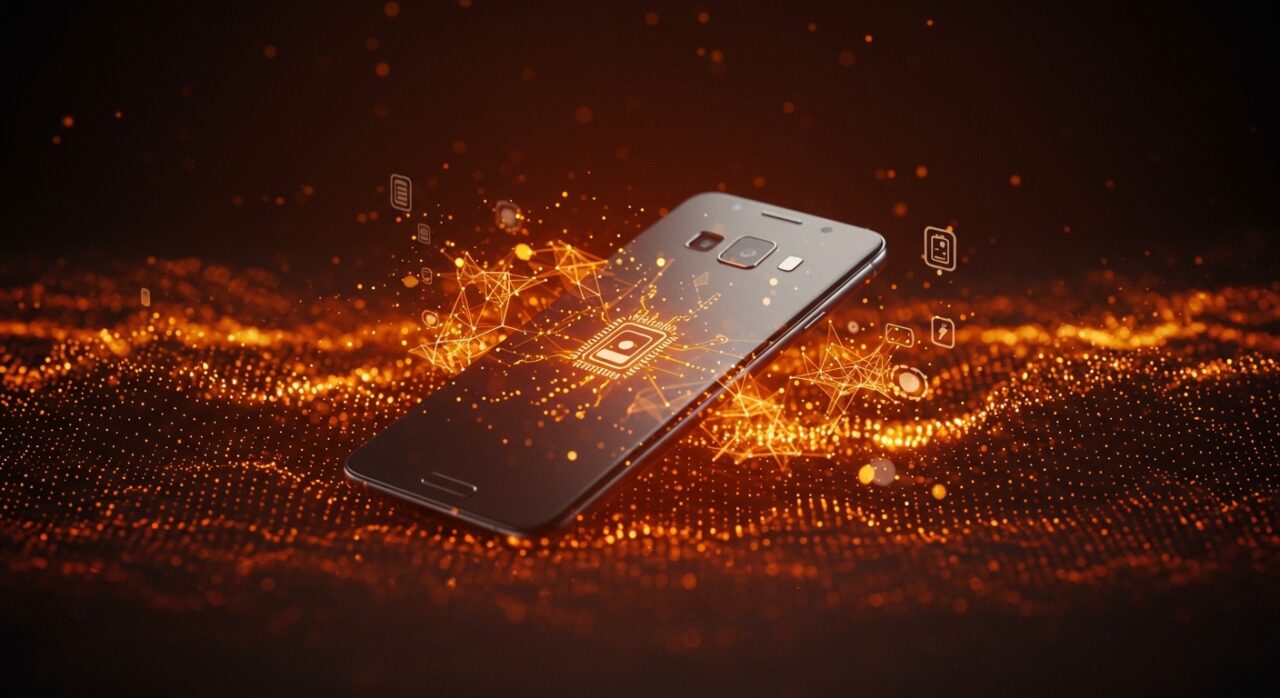 Samsung smartphone destacado con patrones de inteligencia artificial que simbolizan innovación tecnológica y la evolución del mercado móvil.