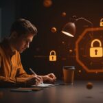 App de journaling con cifrado end-to-end y almacenamiento local para founders, representada con elementos visuales de privacidad y productividad en paleta ecosistema startup.