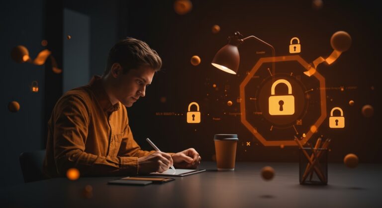 App de journaling con cifrado end-to-end y almacenamiento local para founders, representada con elementos visuales de privacidad y productividad en paleta ecosistema startup.