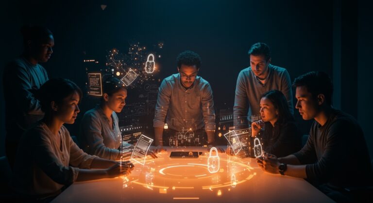 Startup founders debatien sobre políticas de IA y revisión por pares con gráficos simbólicos de integridad científica y redes neuronales IA en ambiente profesional.