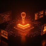 Representación visual de identidad de agentes AI y brechas de seguridad en RSAC 2026 con frameworks holográficos y redes digitales en paleta naranja y negro.