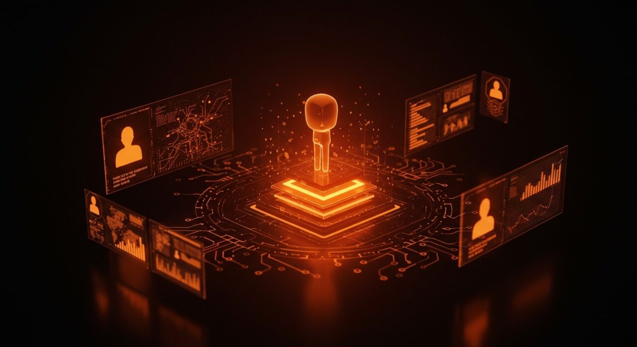 Representación visual de identidad de agentes AI y brechas de seguridad en RSAC 2026 con frameworks holográficos y redes digitales en paleta naranja y negro.