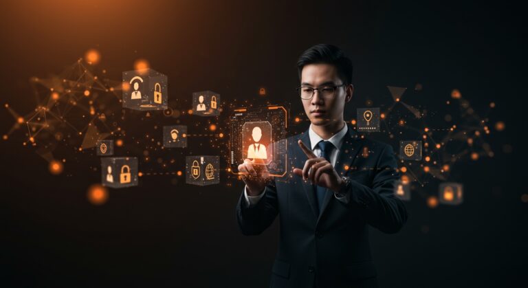 Interfaz digital holográfica mostrando identidad digital y autorización en IA empresarial con metáforas visuales de seguridad y agentes autónomos.