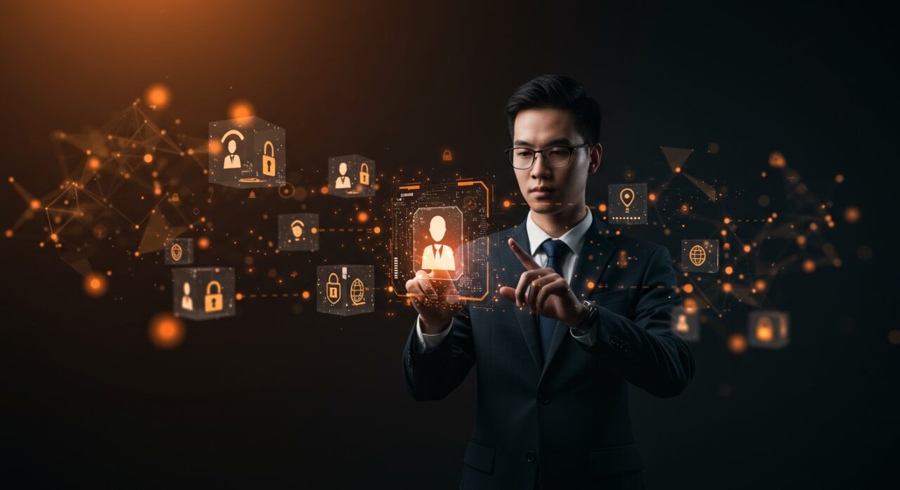 Interfaz digital holográfica mostrando identidad digital y autorización en IA empresarial con metáforas visuales de seguridad y agentes autónomos.