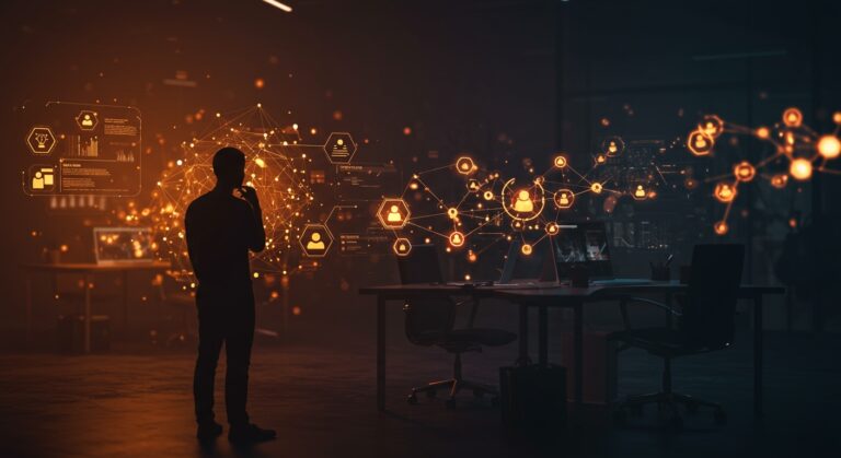 Fundador tecnológico reflexionando sobre identidad y trabajo en la era de automatización e inteligencia artificial, con metáforas visuales de comunidad y tecnología.