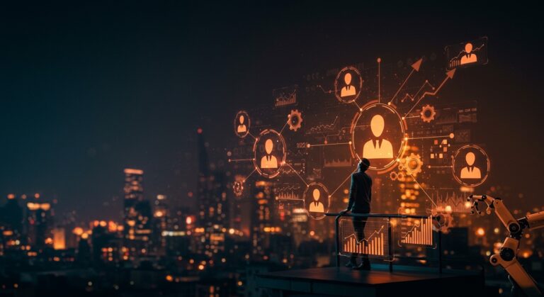 Impacto de la inteligencia artificial en el empleo 2026 con fundador tech y elementos visuales de automatización e innovación tecnológica.