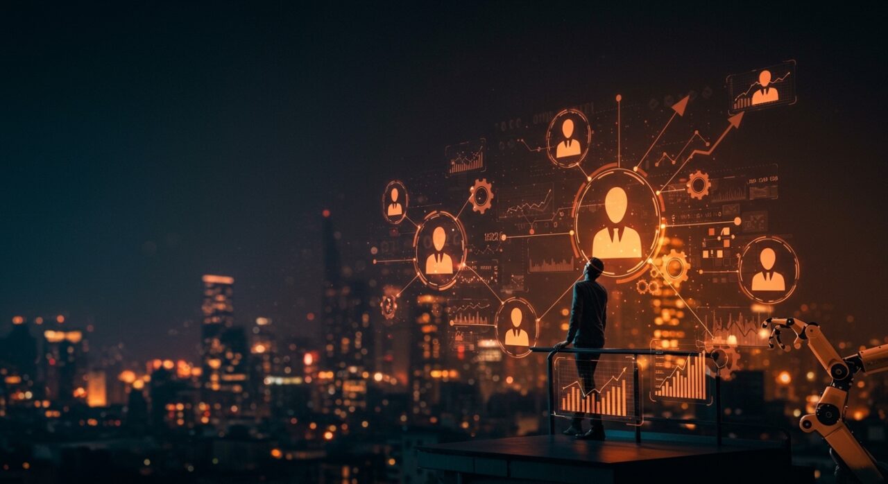 Impacto de la inteligencia artificial en el empleo 2026 con fundador tech y elementos visuales de automatización e innovación tecnológica.