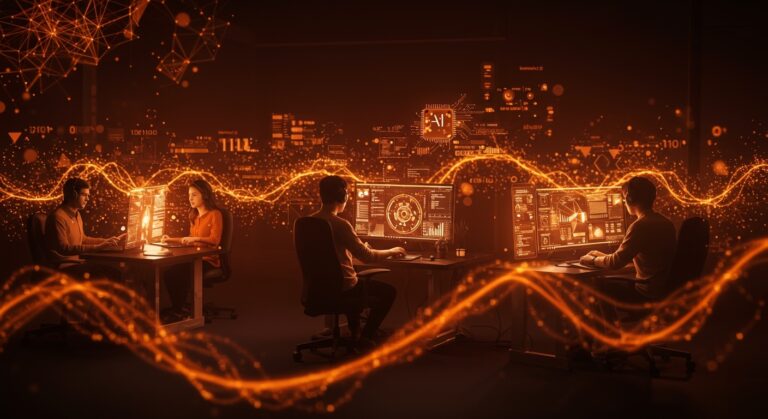 Impacto de la inteligencia artificial en empleos de gaming con desarrolladores integrando tecnología avanzada y adaptación profesional.