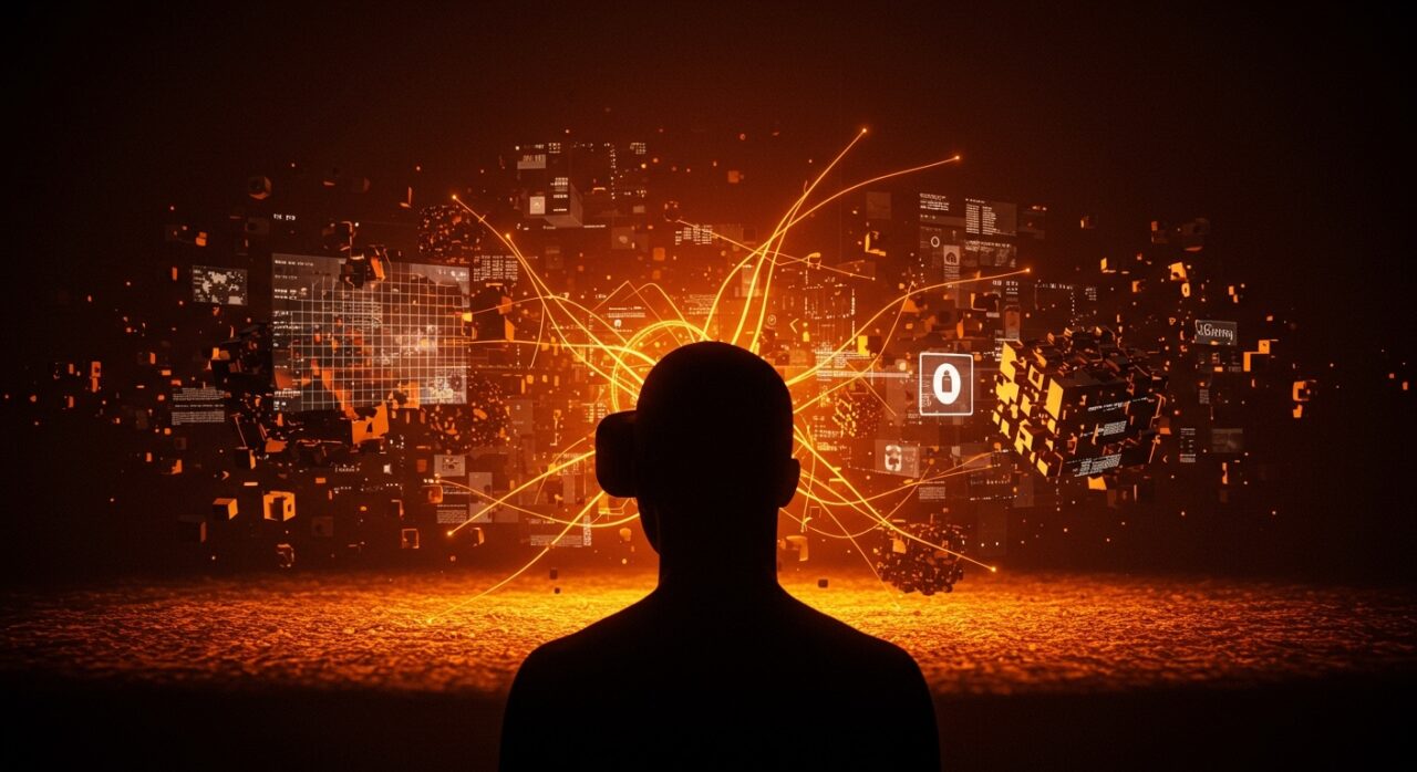 Silueta de fundador de startup ante un paisaje digital que integra inteligencia artificial, realidad virtual y metaverso, reflejando impacto tecnológico y ético.