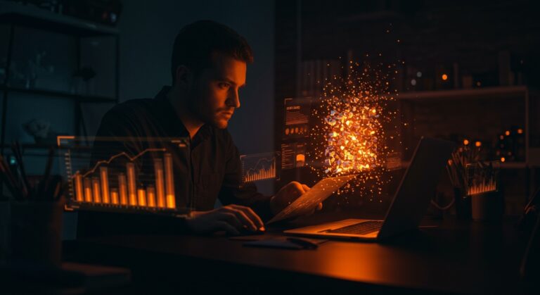 Founder validando datos en una startup tecnológica con representaciones visuales de IA y calidad de datos en tonos naranja y negro.